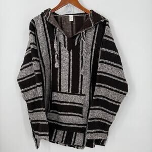 Baja Hoodie Drug Rug Pullover Black Gray Striped Woven Kangaroo Pocket Unisex XL